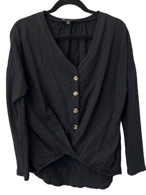 Gigio Twist Front Size Small Buton Popover Top Crinkle Cotton Gauze Black V Neck